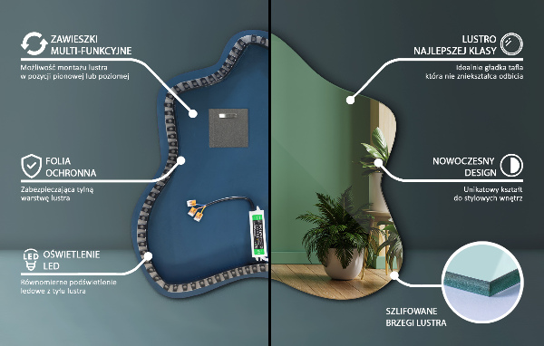 Asymmetrische vlek spiegel met verlichting 48x48 cm