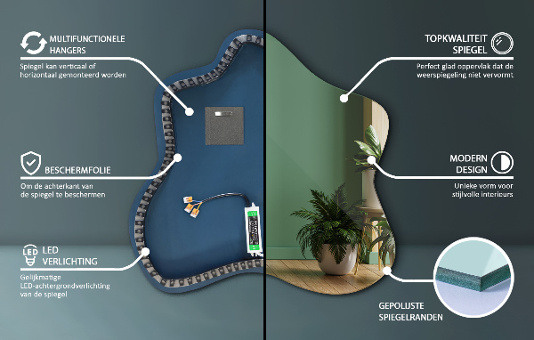 Asymmetrische spiegel vlek met verlichting 58x58 cm