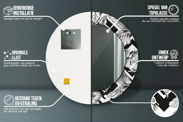 Ronde spiegel met bedrukte lijst Kolibries
