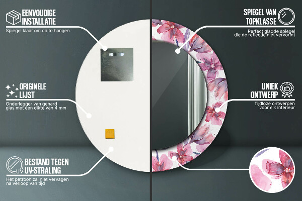 Ronde wandspiegel met print Aquarel bloemen