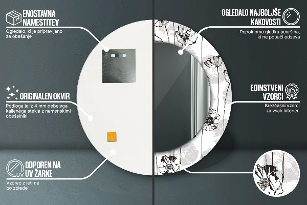Ronde spiegel met bedrukte lijst Klaprozen bloemen