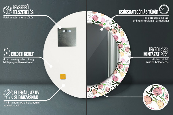 Ronde spiegel met bedrukte lijst Pioenknoppen