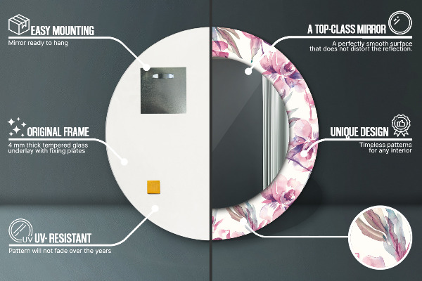 Ronde spiegel met bedrukte lijst Pioenrozen bloemen