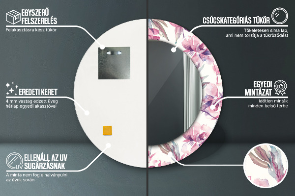 Ronde spiegel met bedrukte lijst Pioenrozen bloemen