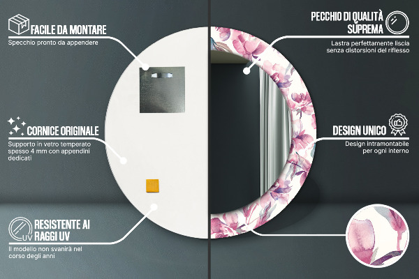 Ronde spiegel met bedrukte lijst Pioenrozen bloemen