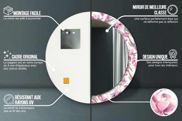 Ronde spiegel met bedrukte lijst Pioenrozen bloemen