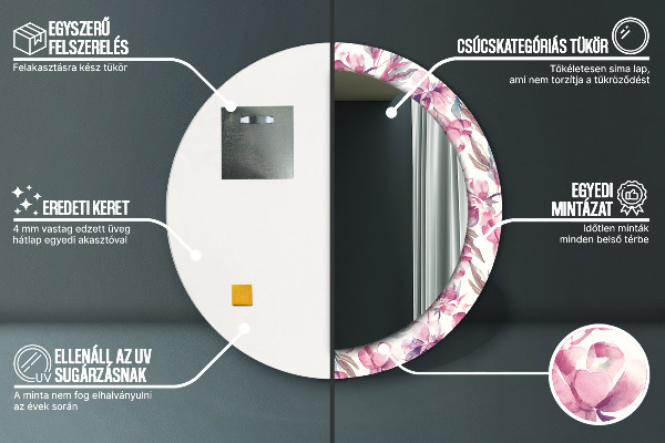 Ronde spiegel met bedrukte lijst Pioenrozen bloemen