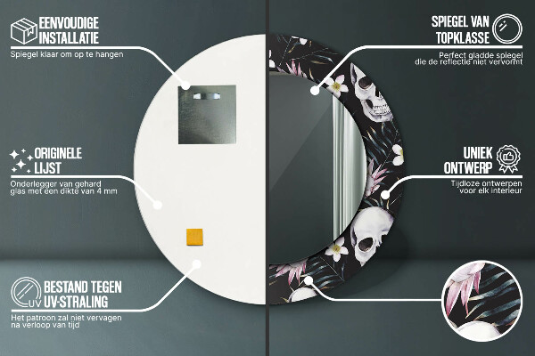 Ronde spiegel met decoratie Schedel bloemen