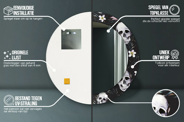 Ronde spiegel met decoratie Schedel bloemen