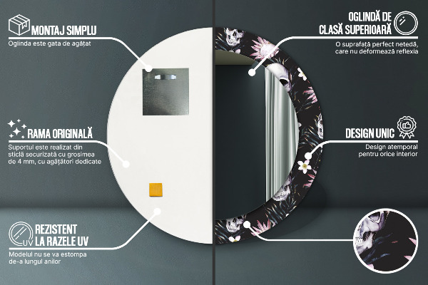 Ronde spiegel met decoratie Schedel bloemen