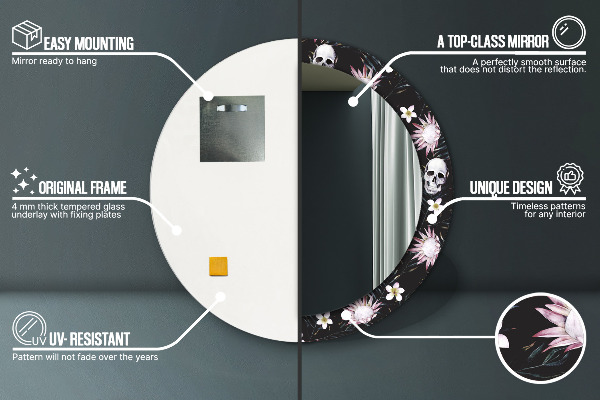 Ronde spiegel met decoratie Schedel bloemen