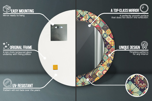 Ronde spiegel met bedrukte lijst Etnische bloemen