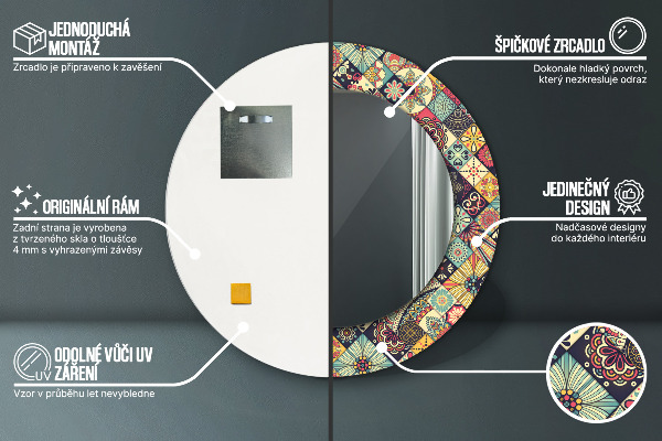 Ronde spiegel met bedrukte lijst Etnische bloemen