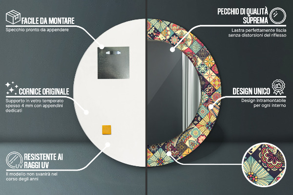Ronde spiegel met bedrukte lijst Etnische bloemen