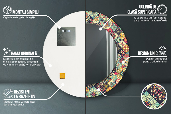 Ronde spiegel met bedrukte lijst Etnische bloemen