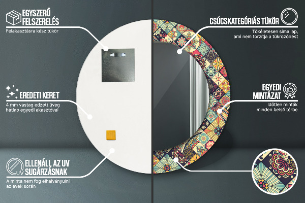 Ronde spiegel met bedrukte lijst Etnische bloemen