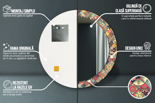 Ronde spiegel met bedrukte lijst Etnische bloemen