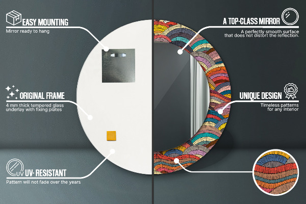 Ronde spiegel met bedrukte lijst Boheems ornament