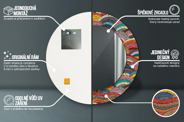 Ronde spiegel met bedrukte lijst Boheems ornament