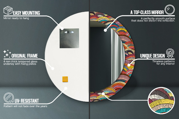 Ronde spiegel met bedrukte lijst Boheems ornament