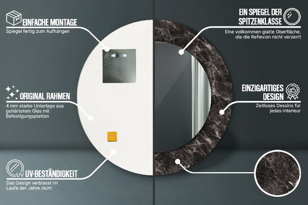 Ronde wandspiegel met print Zwart marmer
