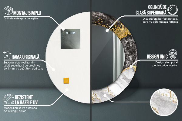 Ronde wandspiegel met print Marmer en goud