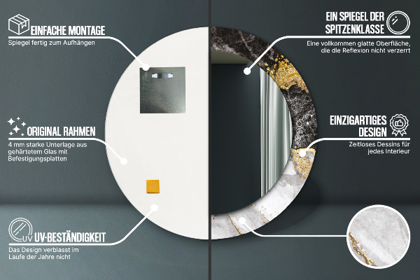 Ronde wandspiegel met print Marmer en goud