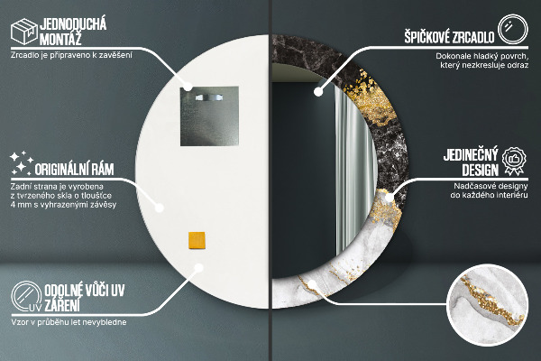 Ronde wandspiegel met print Marmer en goud