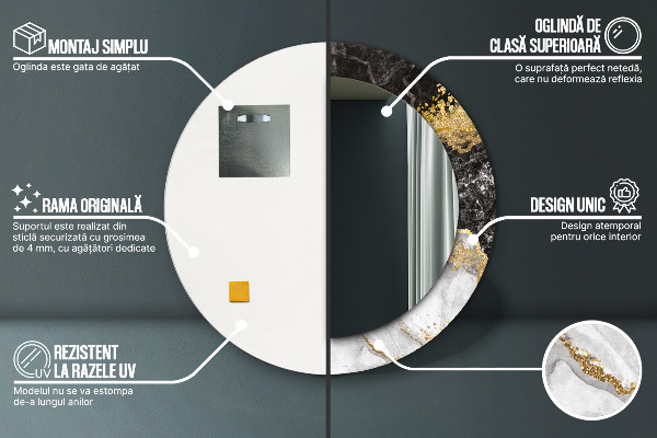 Ronde wandspiegel met print Marmer en goud