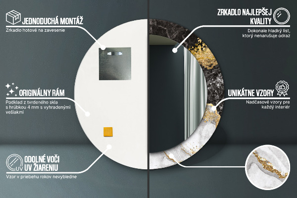 Ronde wandspiegel met print Marmer en goud