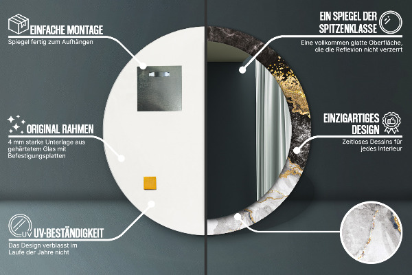 Ronde wandspiegel met print Marmer en goud