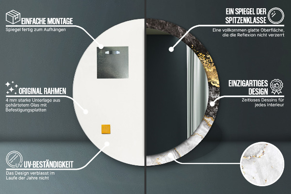 Ronde wandspiegel met print Marmer en goud