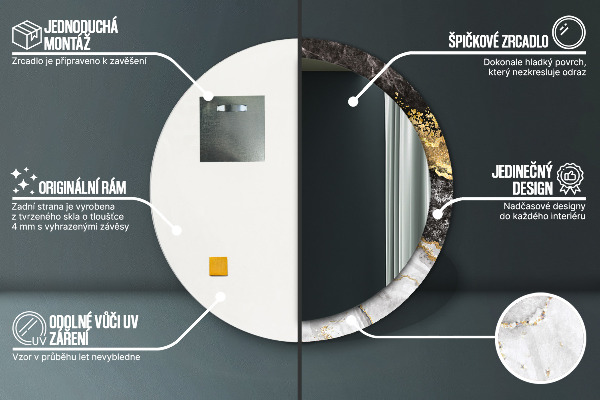 Ronde wandspiegel met print Marmer en goud