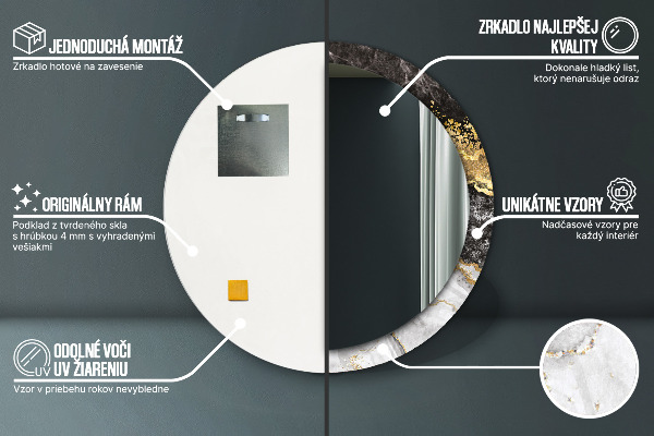 Ronde wandspiegel met print Marmer en goud