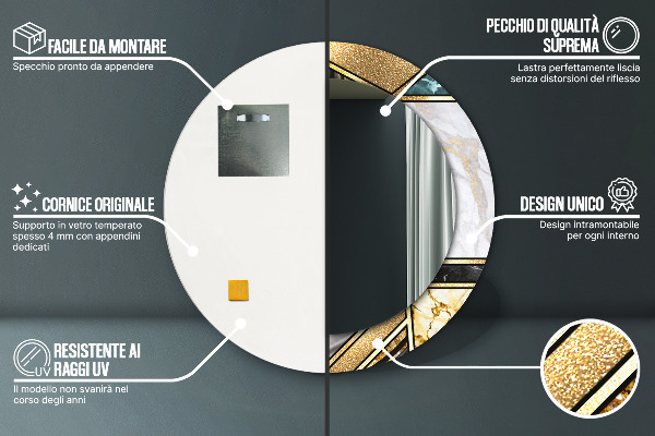 Ronde spiegel met bedrukte lijst Marmeren agaat en goud