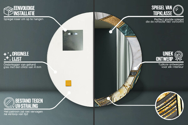 Ronde spiegel met bedrukte lijst Marmeren agaat en goud