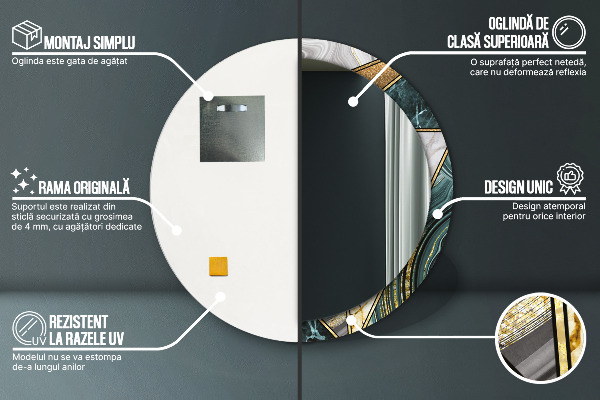 Ronde spiegel met bedrukte lijst Marmeren agaat en goud