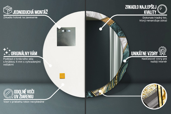 Ronde spiegel met bedrukte lijst Marmeren agaat en goud