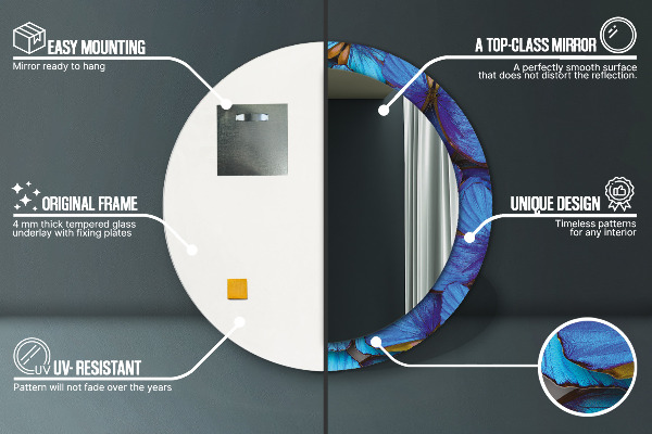 Ronde spiegel met bedrukte lijst Blauwe en groene vlinder