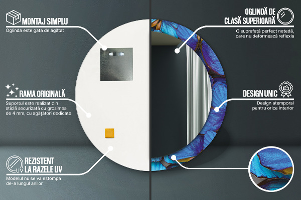 Ronde spiegel met bedrukte lijst Blauwe en groene vlinder