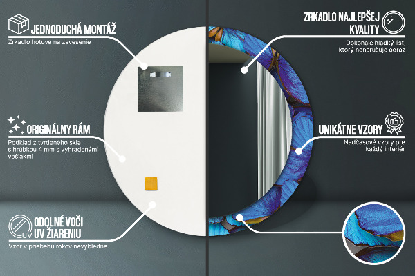 Ronde spiegel met bedrukte lijst Blauwe en groene vlinder