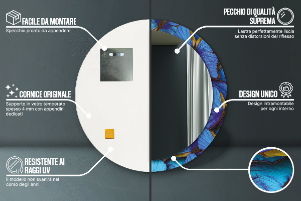 Ronde spiegel met bedrukte lijst Blauwe en groene vlinder