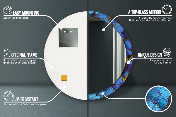 Ronde spiegel met bedrukte lijst Blauwe en groene vlinder
