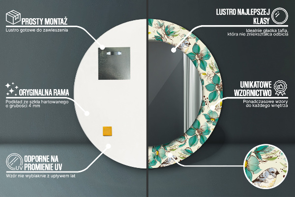 Ronde spiegel met bedrukte lijst Bloemen en vogels