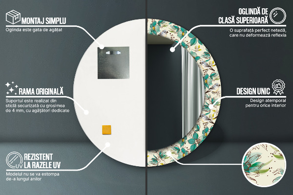 Ronde spiegel met bedrukte lijst Bloemen en vogels