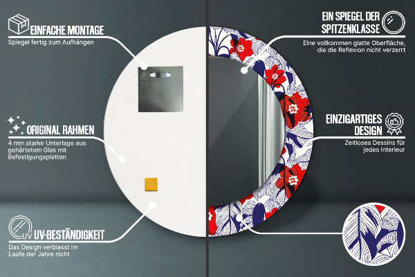 Bedrukte ronde spiegel Philodendron en rode bloemen