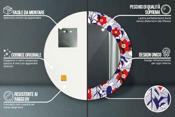 Bedrukte ronde spiegel Philodendron en rode bloemen