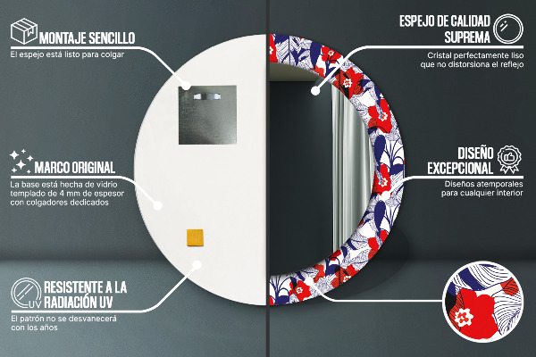 Bedrukte ronde spiegel Philodendron en rode bloemen