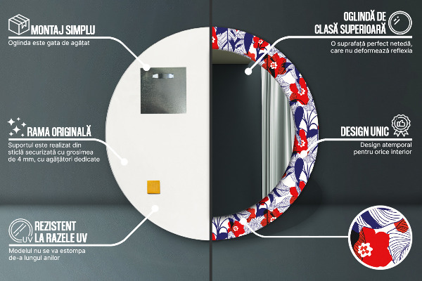 Bedrukte ronde spiegel Philodendron en rode bloemen