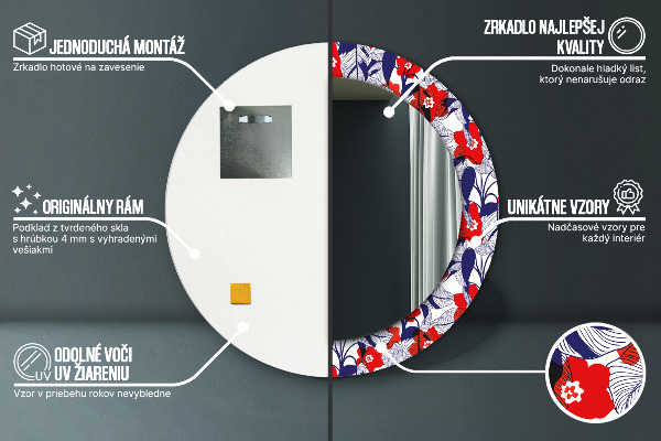 Bedrukte ronde spiegel Philodendron en rode bloemen